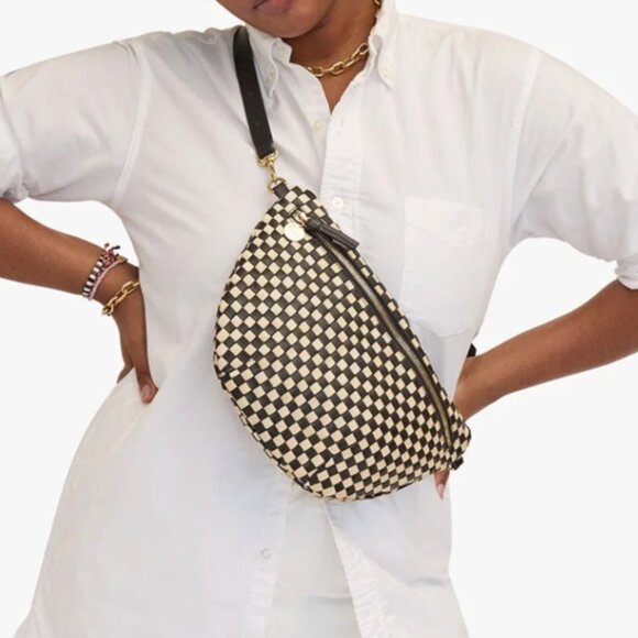 Clare V Grande Fanny Black and Cream Woven Checker - Picture 2 of 9